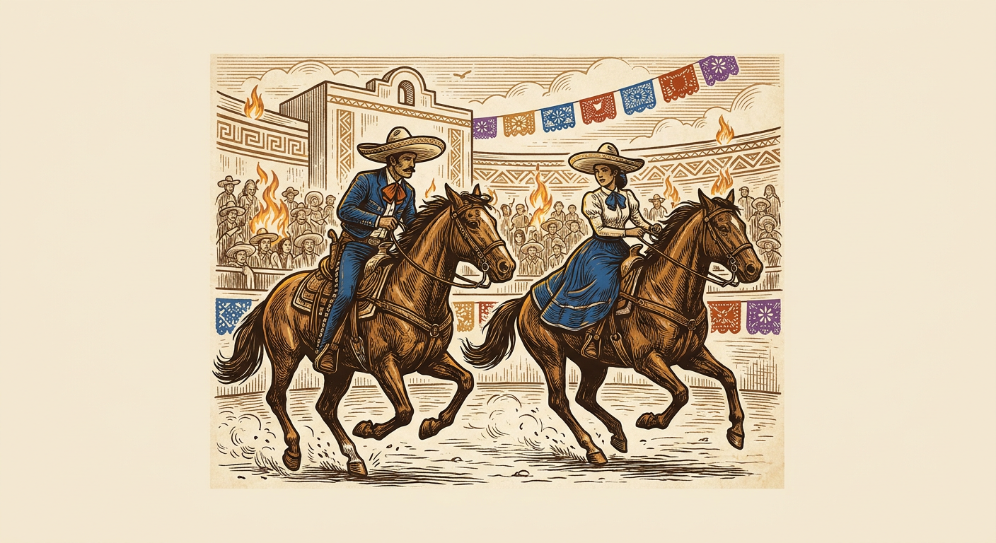 Charro y amazona durante una charreada, con sombreros tradicionales y público en las gradas.