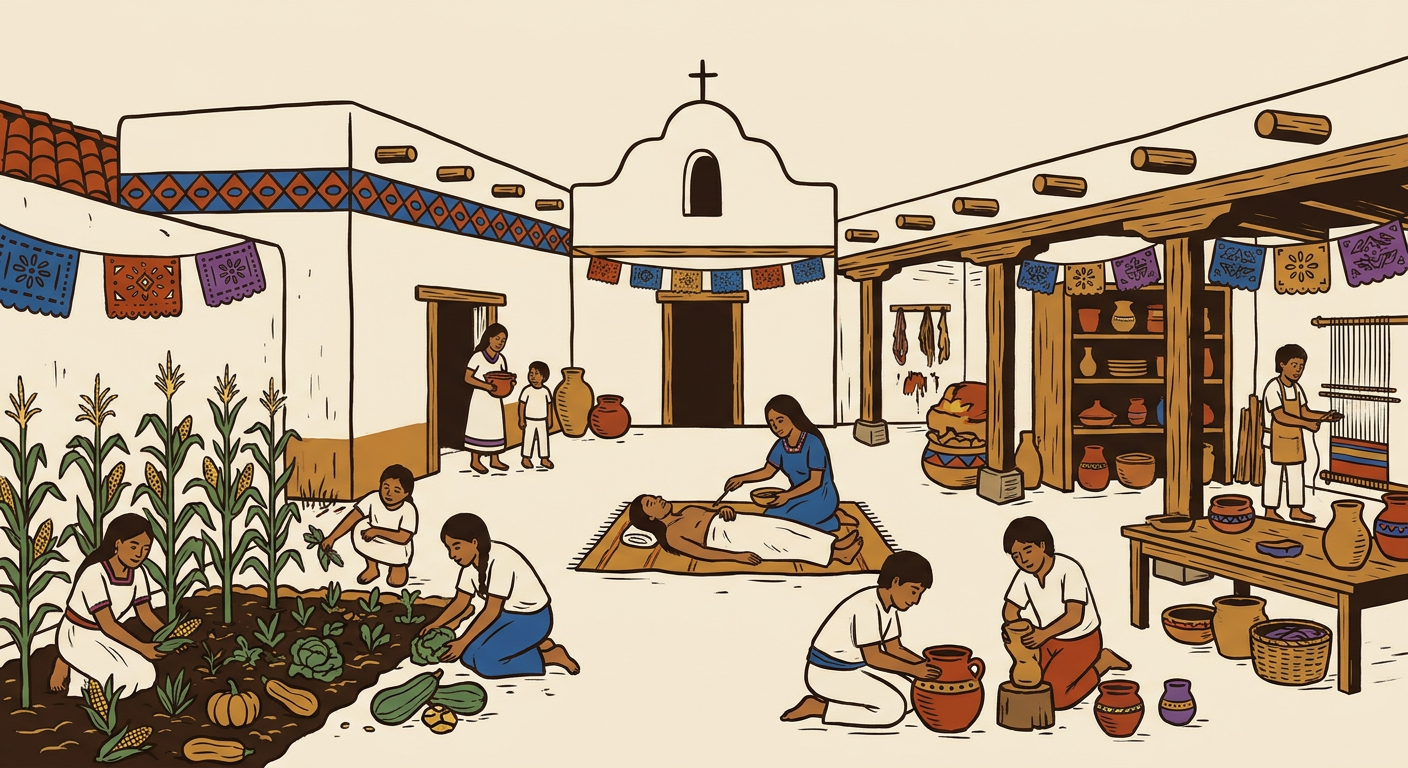 Patio de un hospital-pueblo donde conviven una huerta, el cuidado de enfermos y el aprendizaje de oficios.