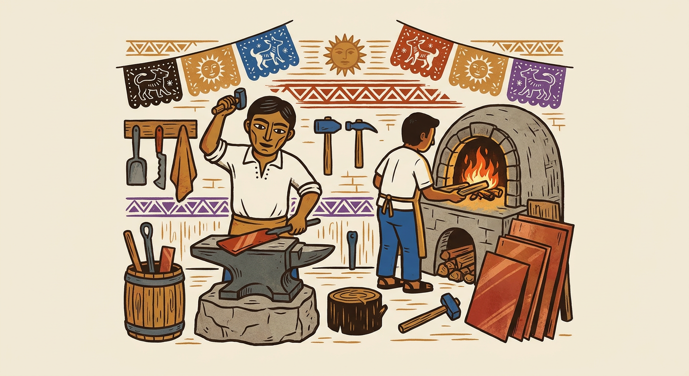 Dos artesanos trabajan el cobre con martillo y horno en un taller de Santa Clara.