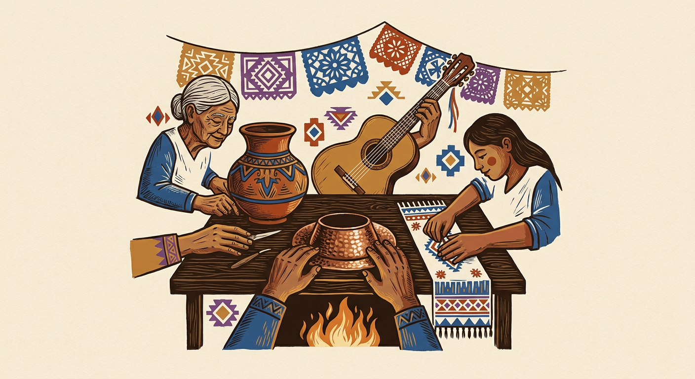 Manos de distintas generaciones trabajan junto a cerámica, guitarra, cobre y textiles michoacanos.