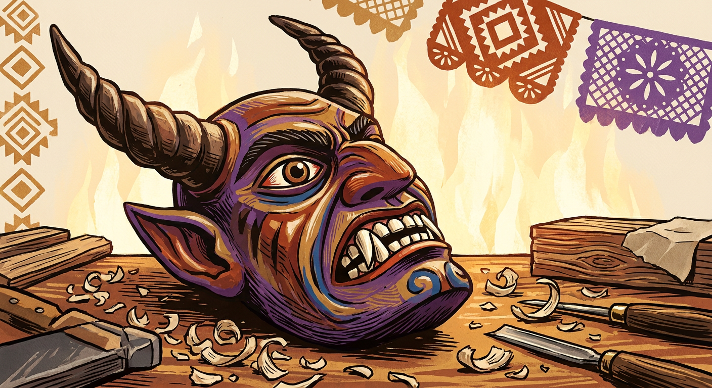 A carved and painted devil mask, surrounded by wood shavings and tools on an artisan’s worktable.