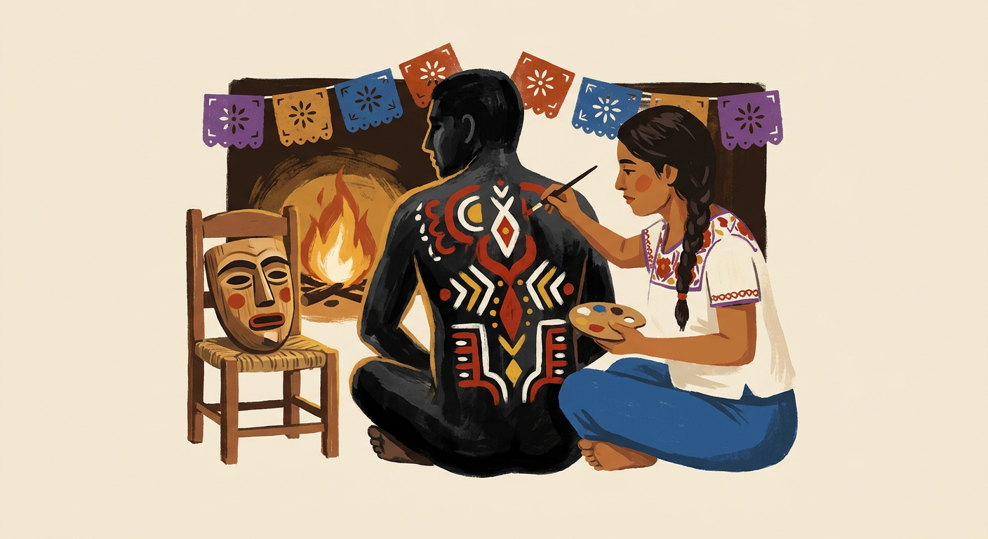 A person paints colorful designs on the back of a carnival participant, next to a wooden mask.