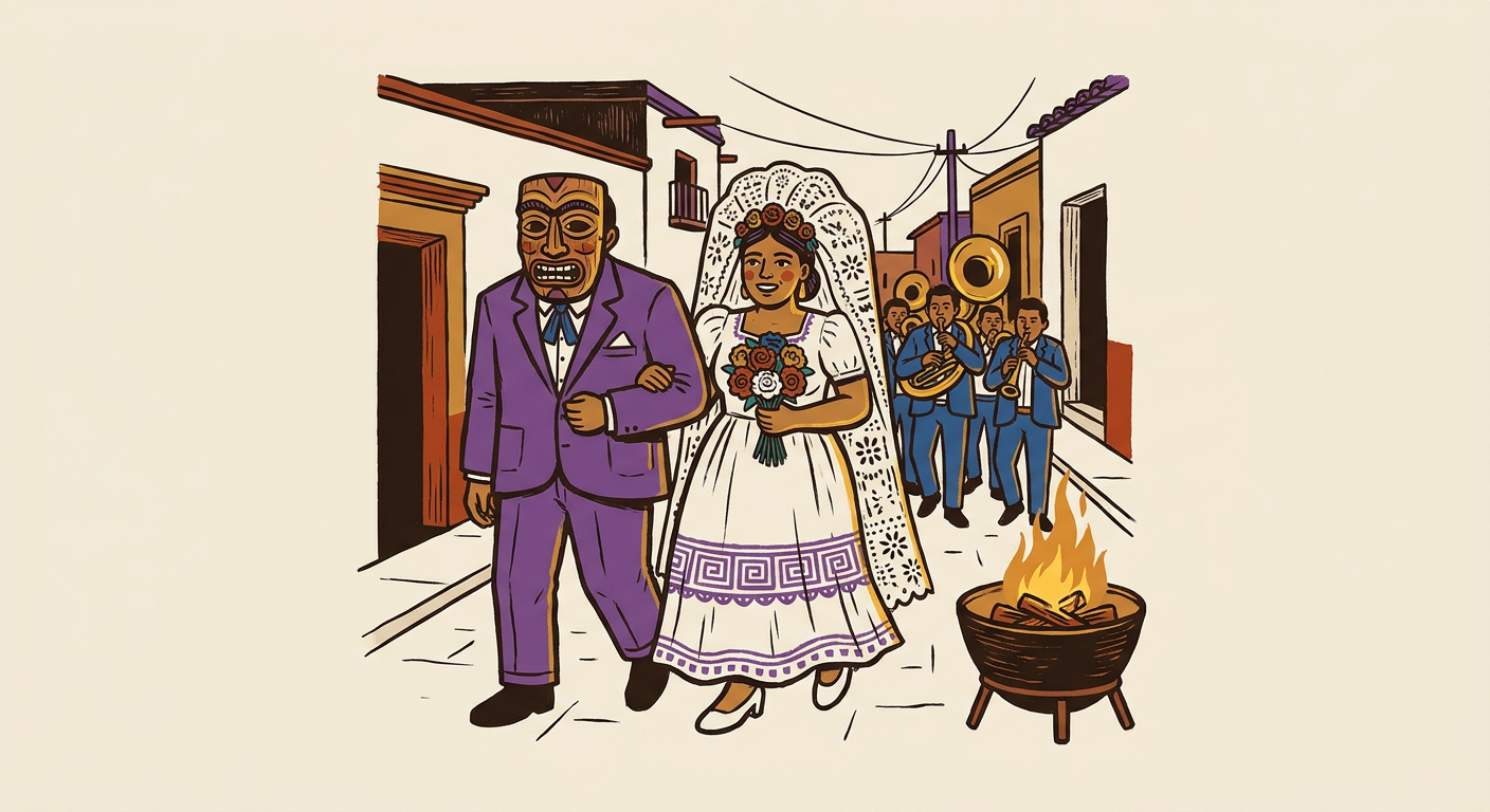 A carnival bride and groom parade in masks and exaggerated clothing in front of a band.