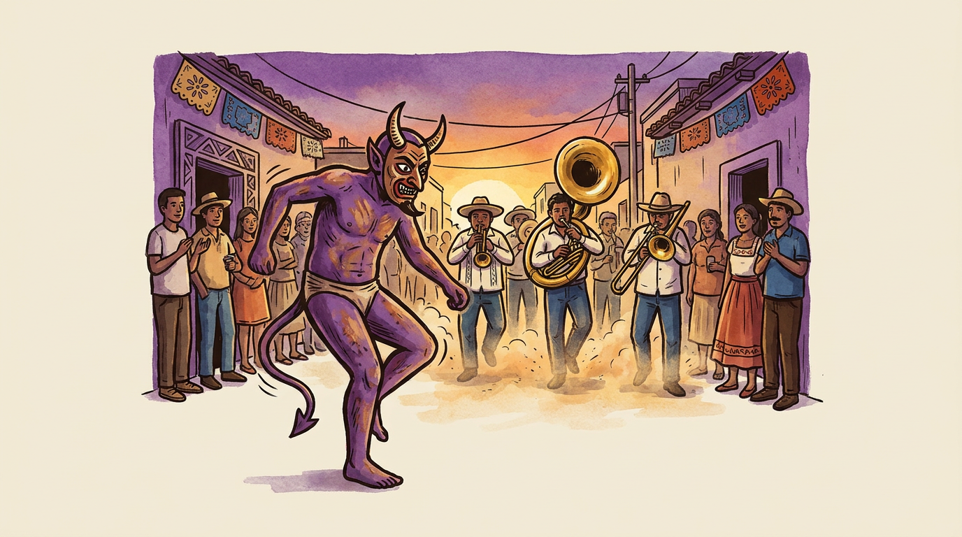 A masked devil dances in front of musicians and neighbors amid dust lit by the afternoon sun.