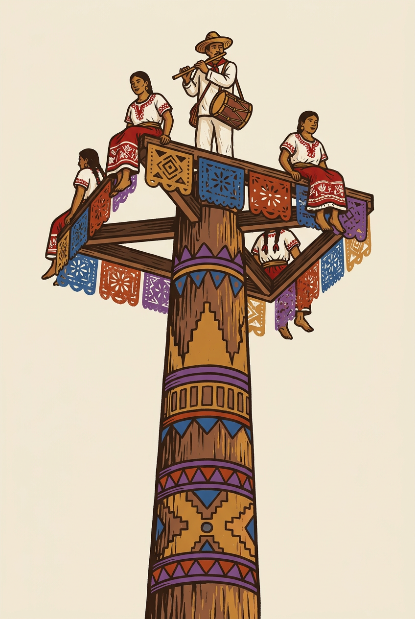 Cinco voladores totonacos en lo alto de un palo ceremonial, con el caporal tocando flauta y tambor.
