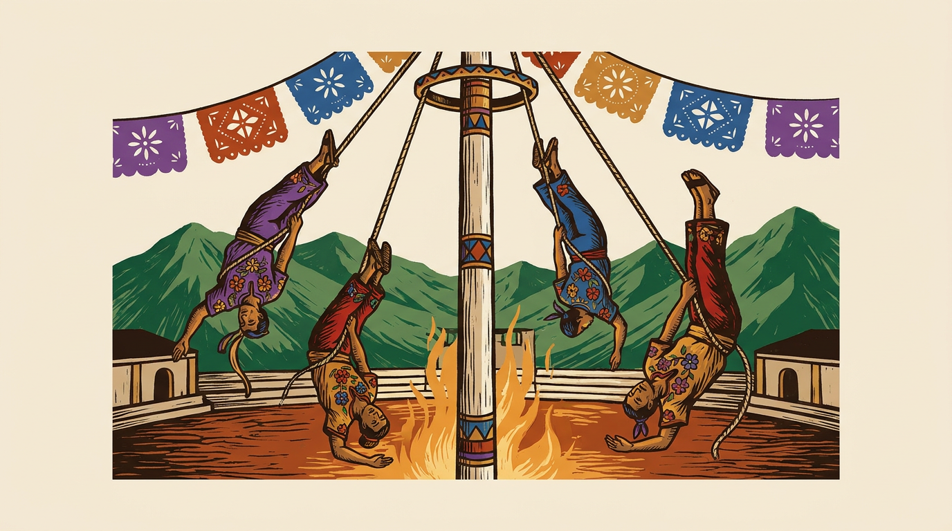 Cuatro voladores descienden en espiral alrededor del palo, sujetos por cuerdas y con los brazos abiertos.