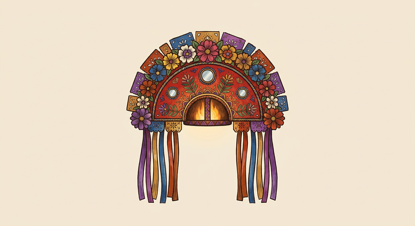 Tocado semicircular de un volador de Papantla, adornado con flores, listones y pequeños espejos.
