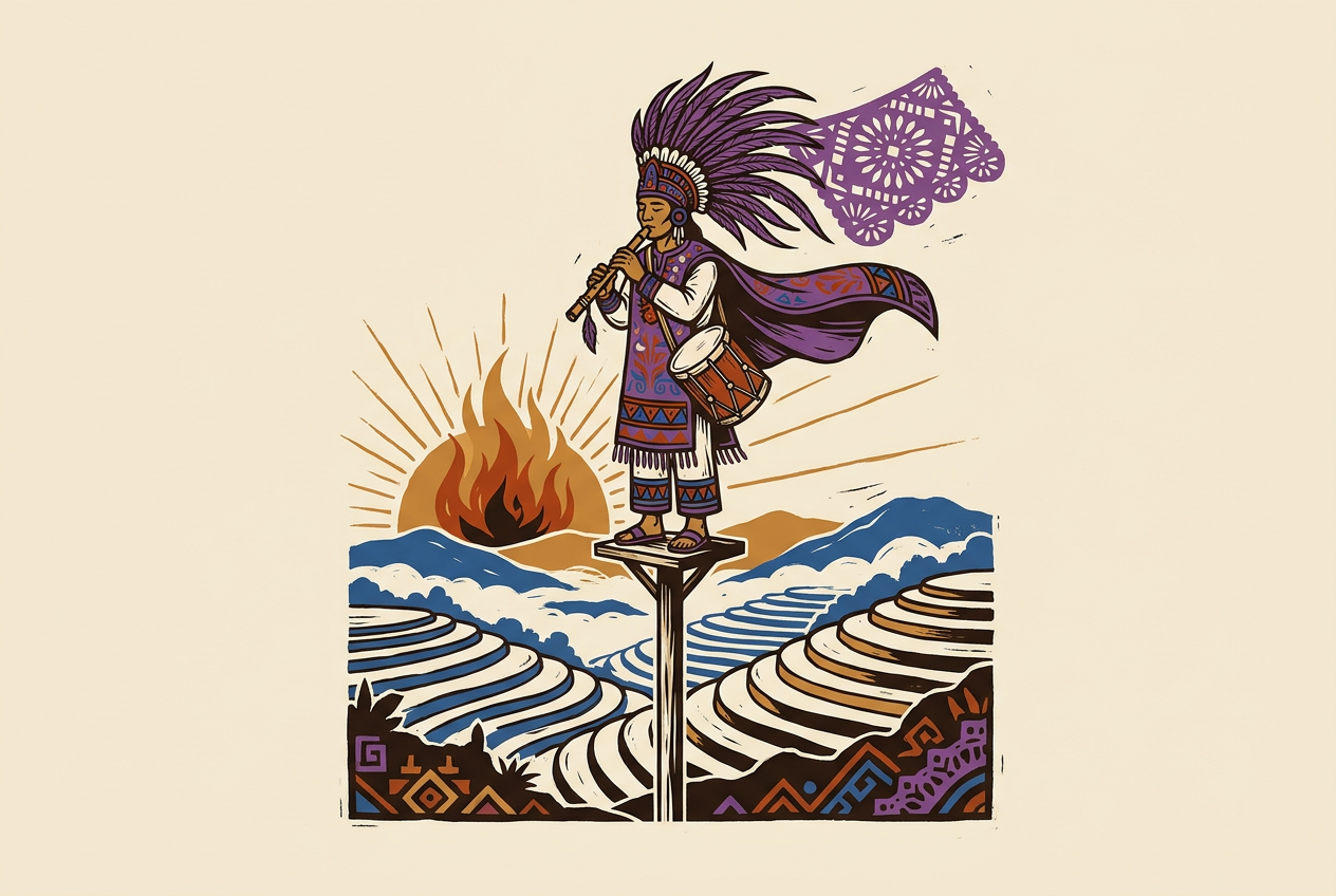 Caporal tocando flauta y tambor sobre el bastidor, mientras mira hacia el horizonte del Totonacapan.