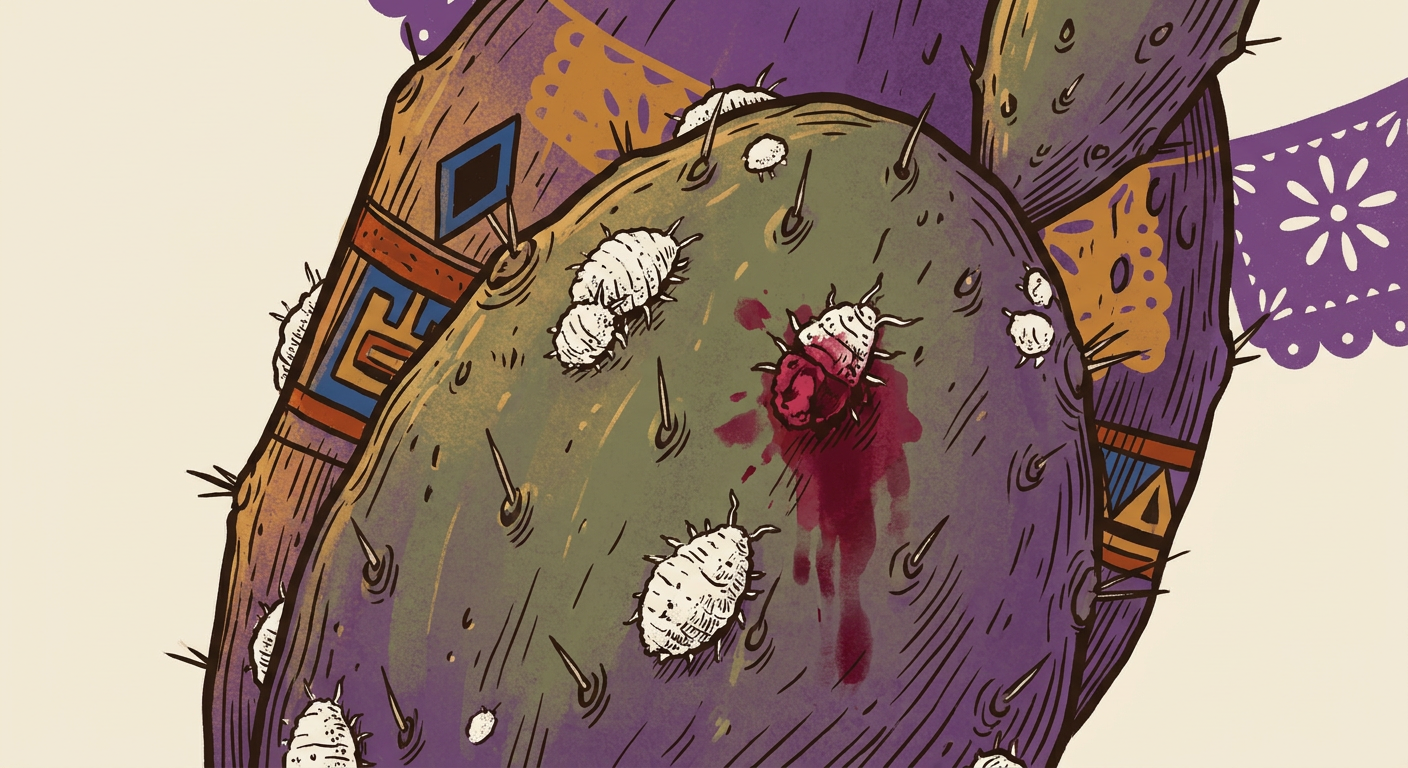 A nopal pad with white cochineal colonies and a small red spot of carmine.