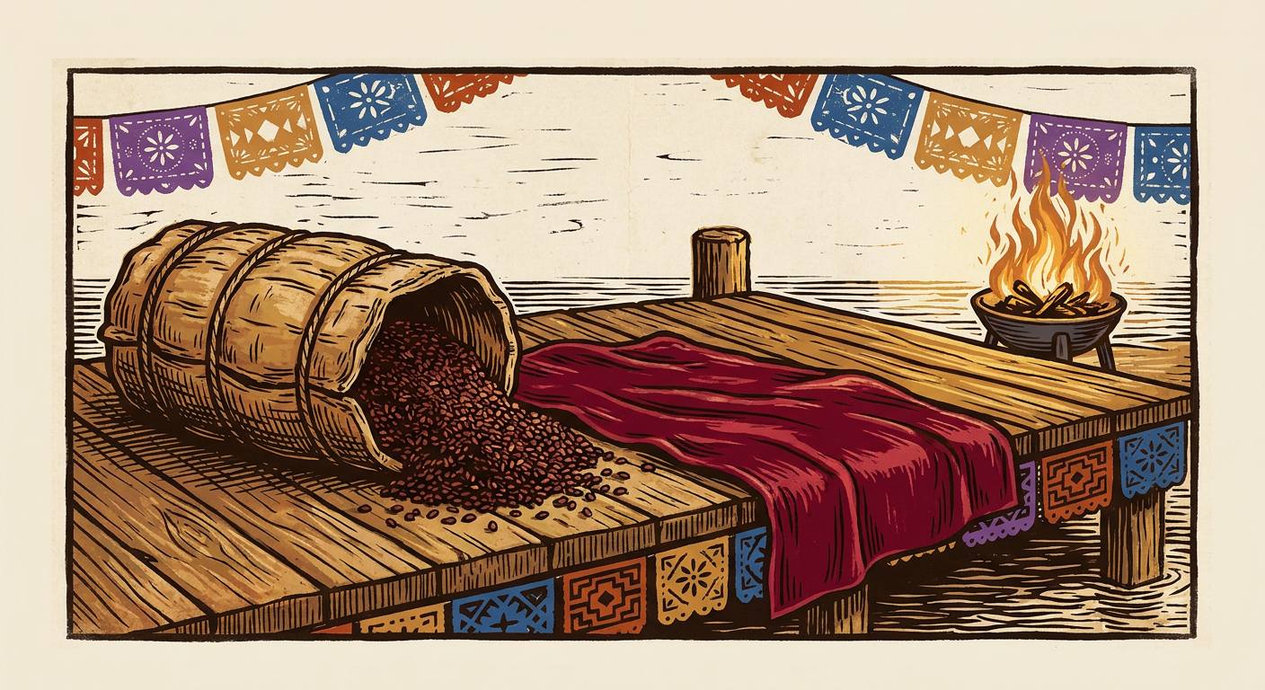 An open bale of dried cochineal beside a crimson cloth on a 17th-century dock.
