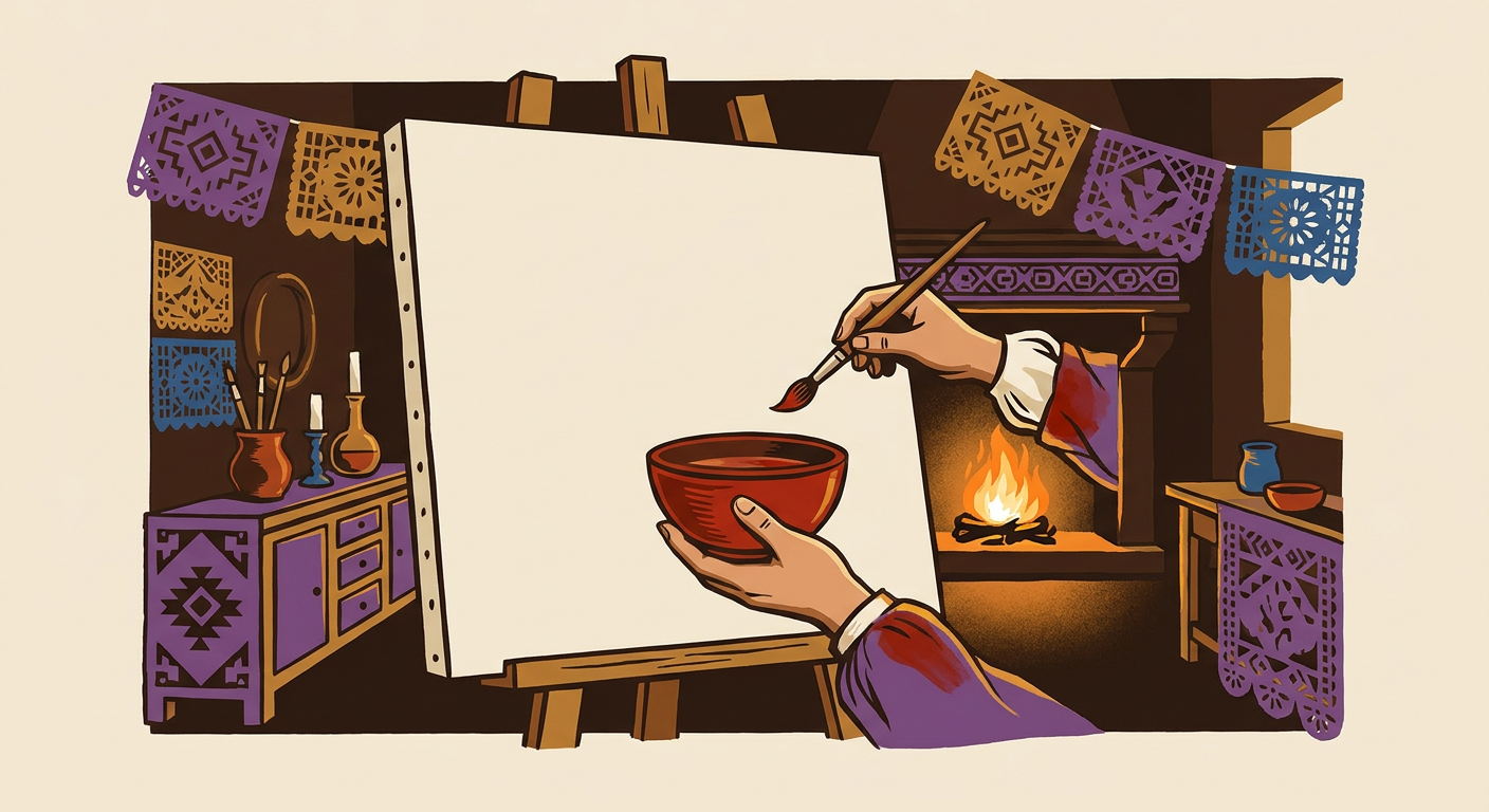 A 17th-century painter applies a carmine glaze to the sleeve of a portrait in a dark workshop.