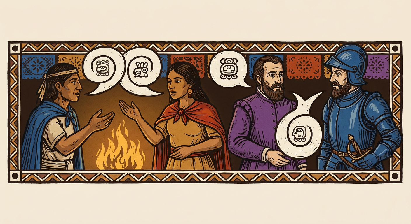 Malintzin interpreta entre un emisario nahua, Jerónimo de Aguilar y Hernán Cortés.