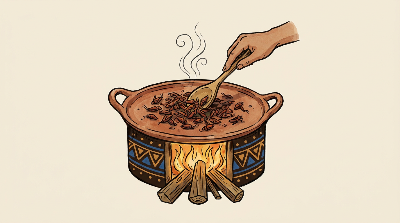 Chapulines tostándose en un comal de barro sobre un fogón, removidos con una cuchara de madera.