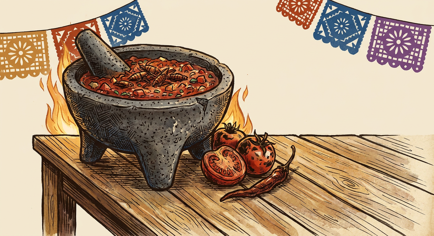 Molcajete con salsa roja martajada, chapulines visibles, jitomates asados y un chile de árbol.