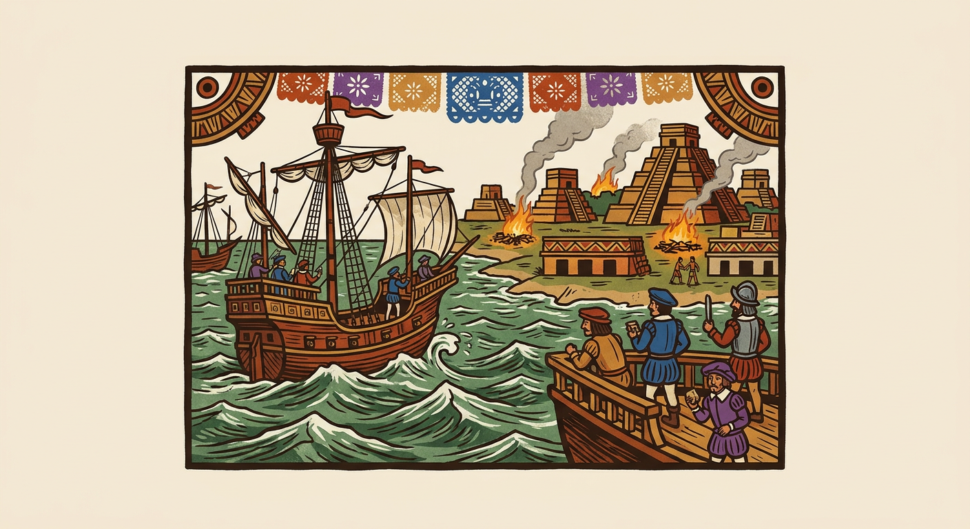 Naves de la expedición de Cortés fondeadas frente a una población maya en la costa de Yucatán.