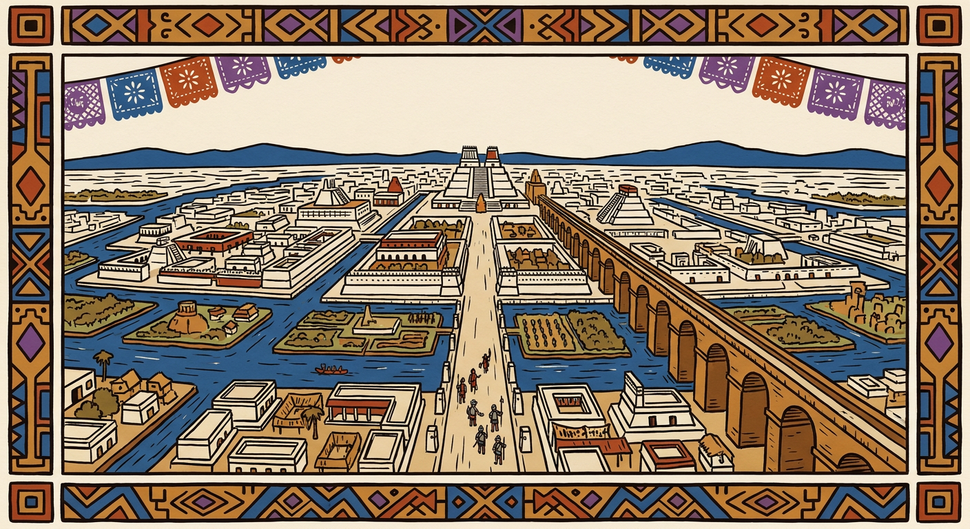 México-Tenochtitlan vista desde una calzada, rodeada por el lago, con canales, templos, chinampas y canoas.