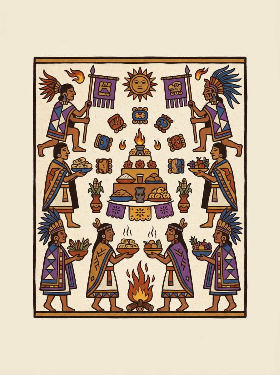 Escena de estilo códice con personas que llevan alimentos y objetos rituales durante una conmemoración nahua de los muertos.