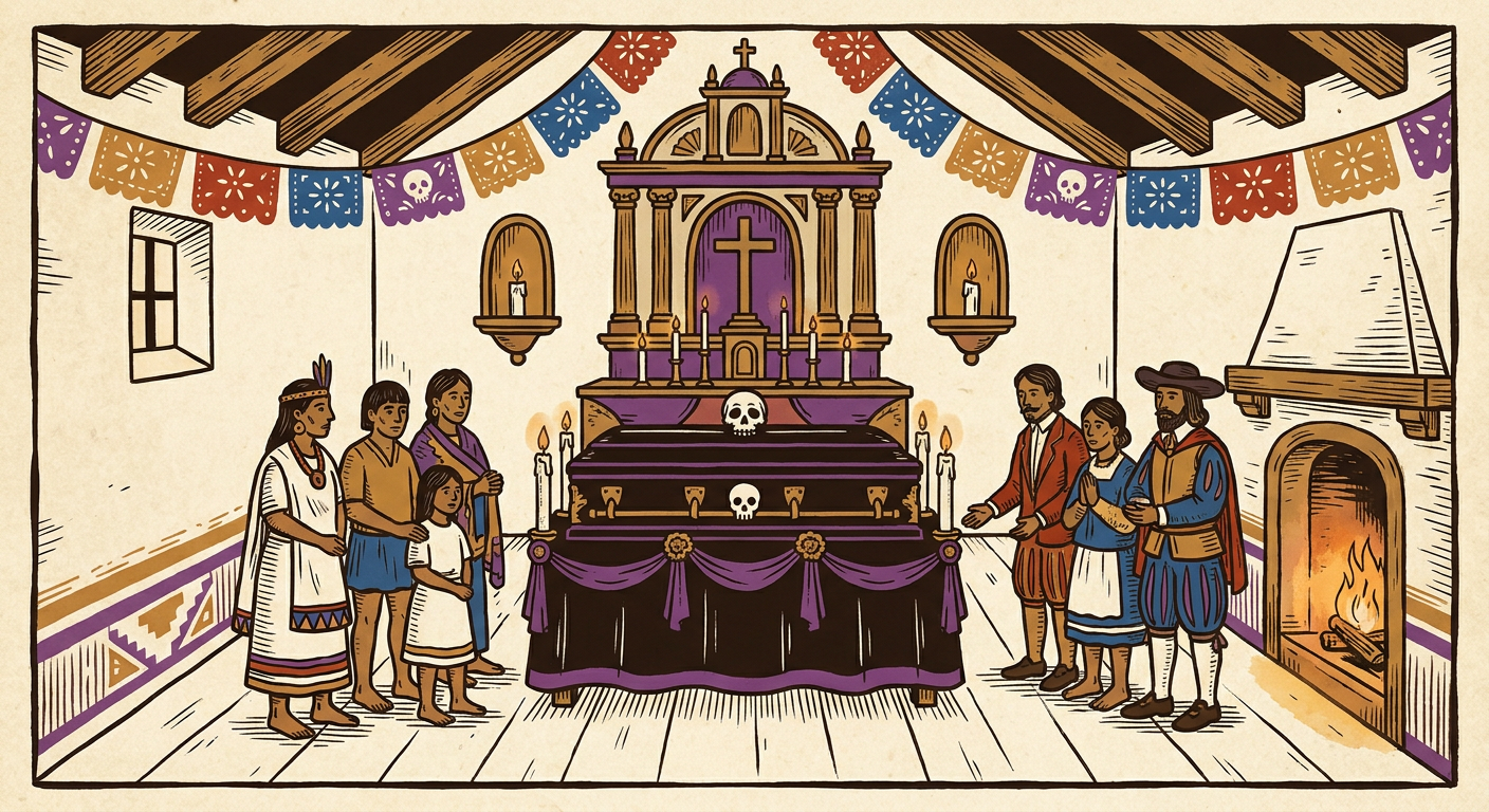 Iglesia novohispana con un túmulo funerario iluminado por velas y una congregación reunida por los fieles difuntos.