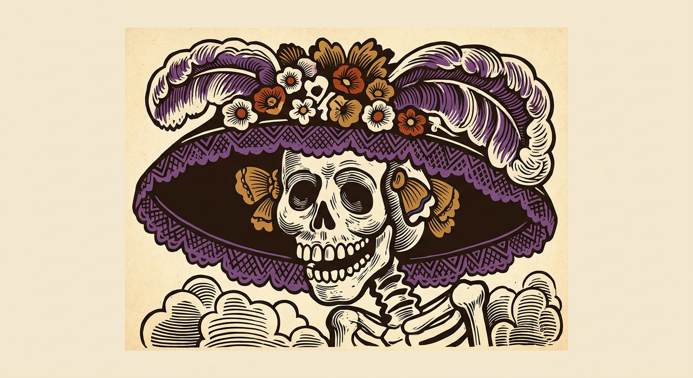 Grabado de una calavera femenina con sombrero elegante impreso en una hoja popular del siglo XIX.