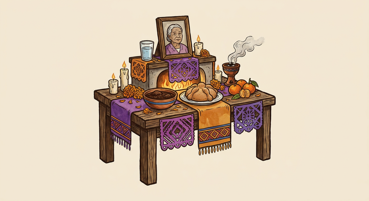 Ofrenda familiar contemporánea con retrato, comida, agua, velas, copal, papel picado y flores de cempasúchil.