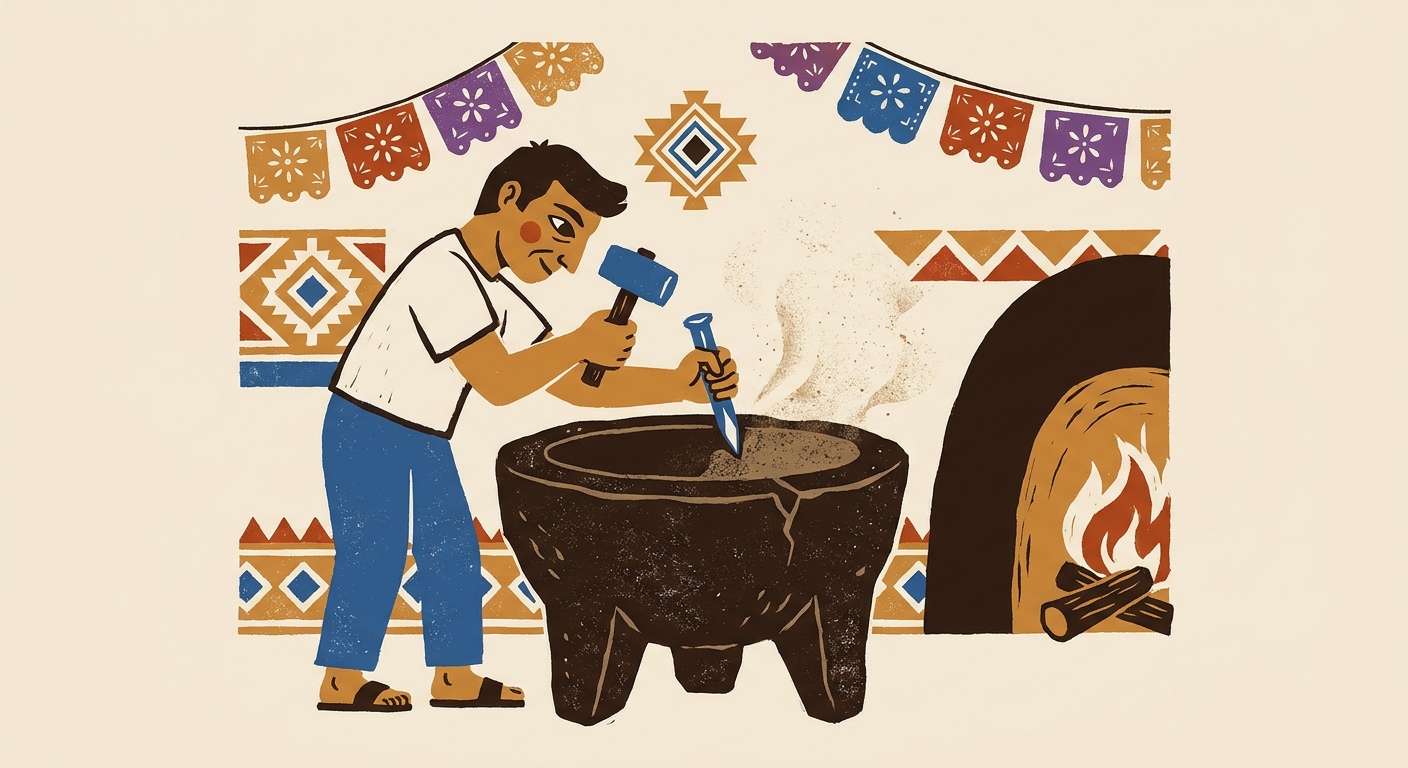 Artesano talla con martillo y cincel un molcajete de tres patas en un bloque de roca volcánica.