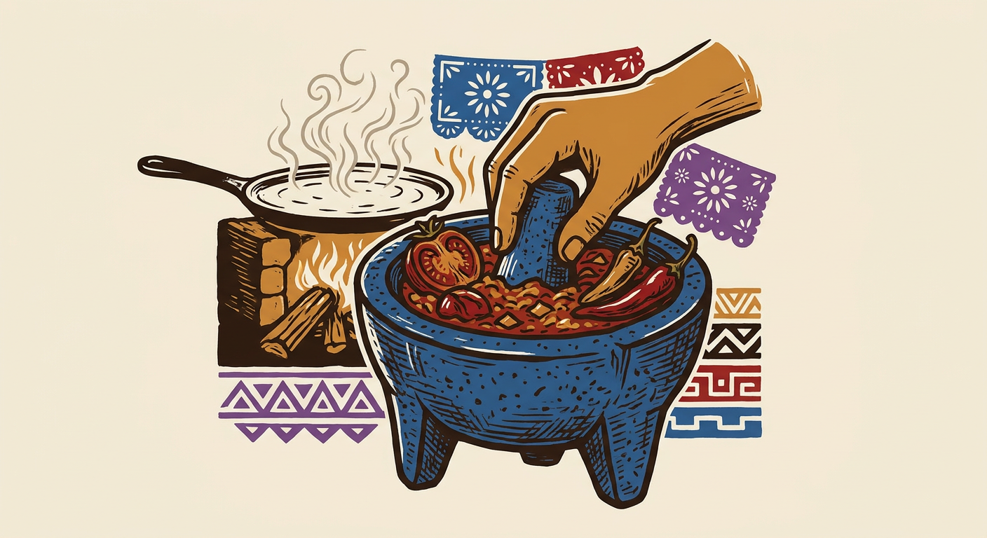 Mano que prepara una salsa de jitomate y chile asados en un molcajete, junto a un comal.