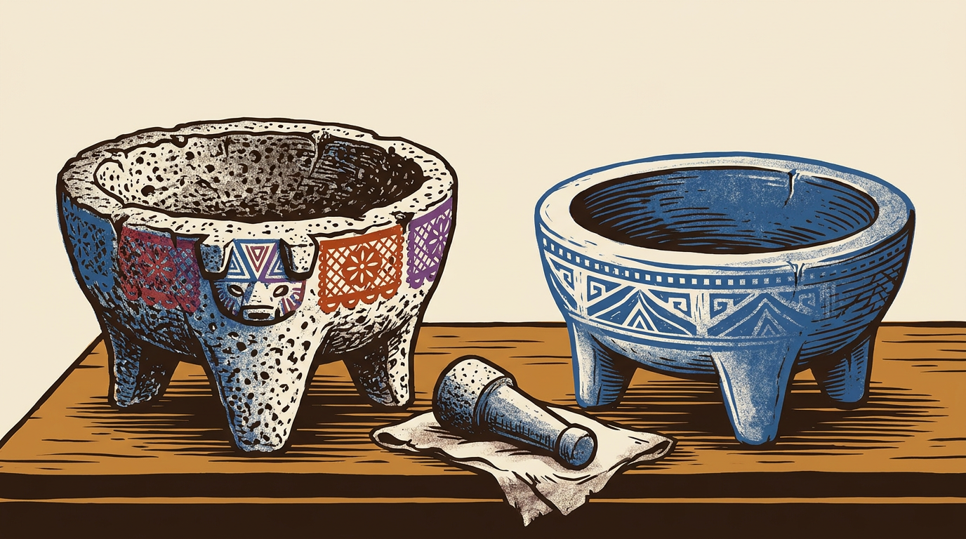 Dos molcajetes de distintas épocas reposan juntos sobre una mesa, acompañados por un tejolote.