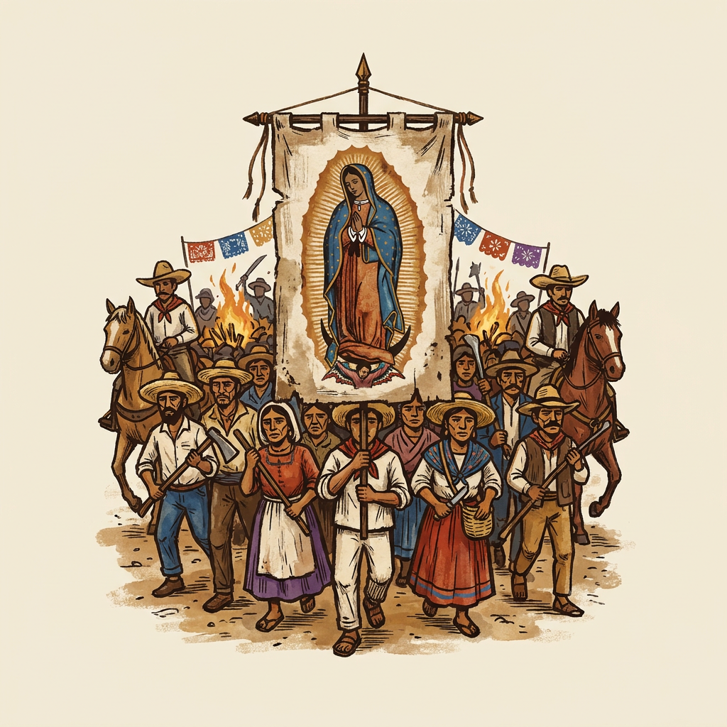 An insurgent crowd advances around a banner of the Virgin of Guadalupe in 1810.