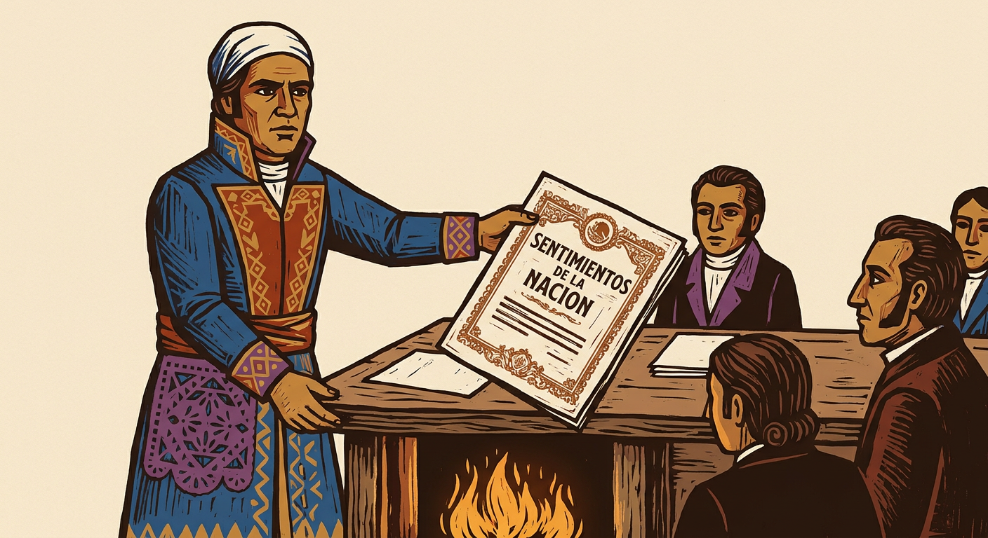 Morelos presents the Sentimientos de la Nación to the Congress of Chilpancingo in 1813.