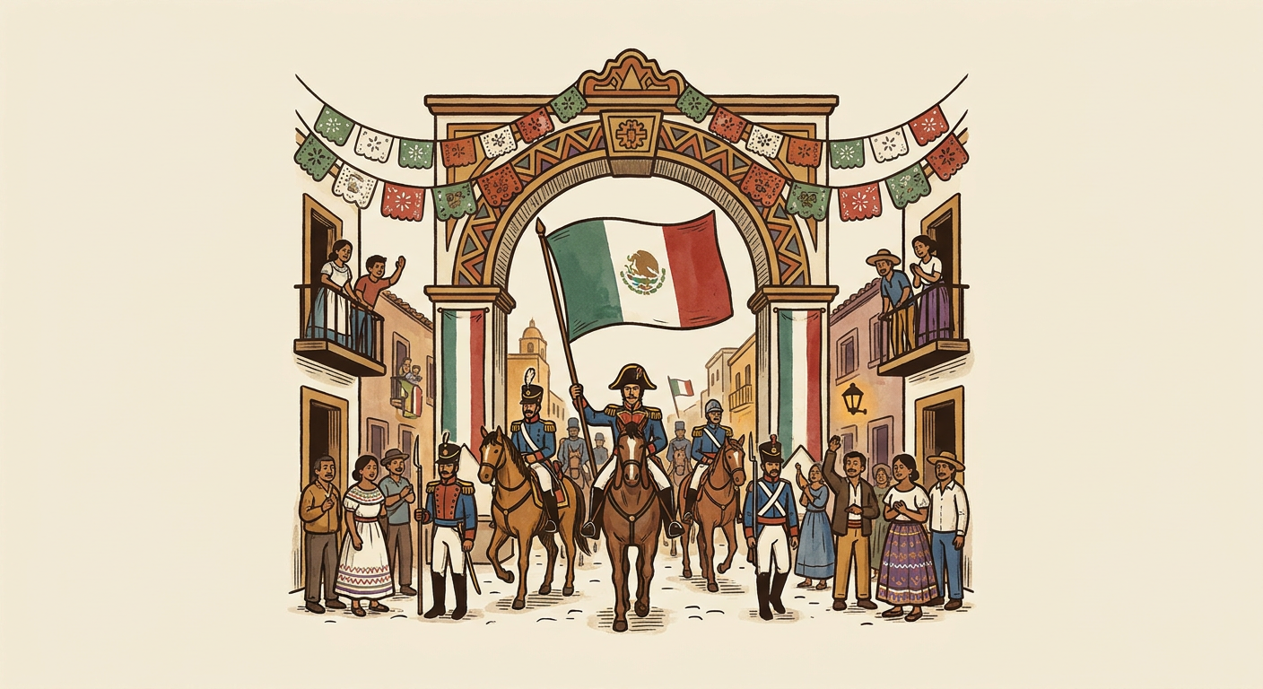 The Army of the Three Guarantees enters Mexico City under the banners of the Three Guarantees in 1821.