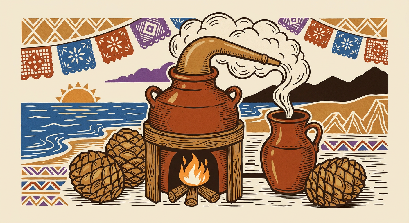 Destilador filipino de barro y madera junto a agaves cocidos, imagen del intercambio tecnológico entre Asia y Nueva España.
