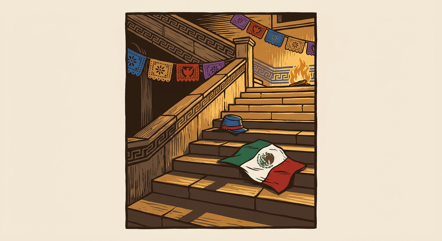 Quepis de cadete y bandera doblada sobre una escalera de Chapultepec tras la batalla de 1847.