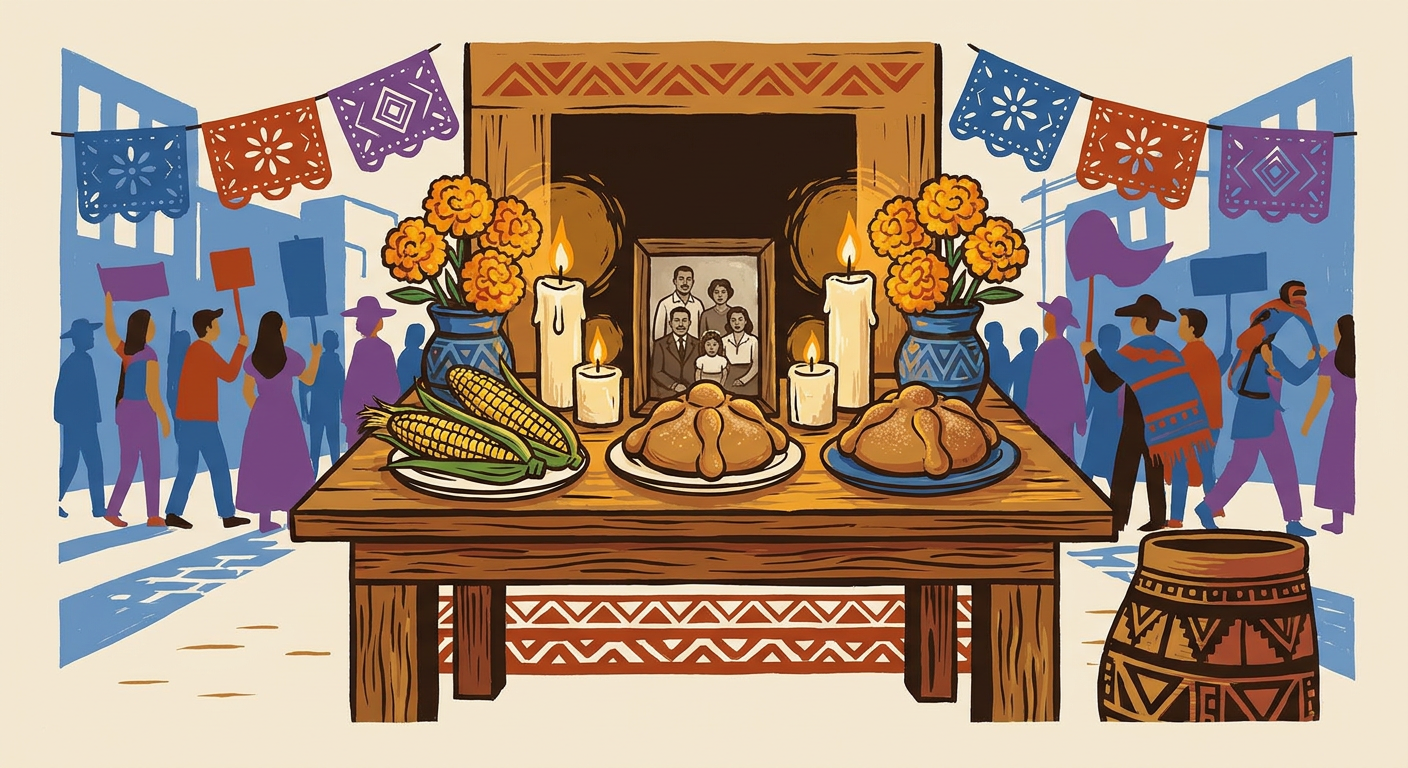 Ofrenda doméstica con elementos indígenas, católicos y modernos, y un desfile contemporáneo al fondo.