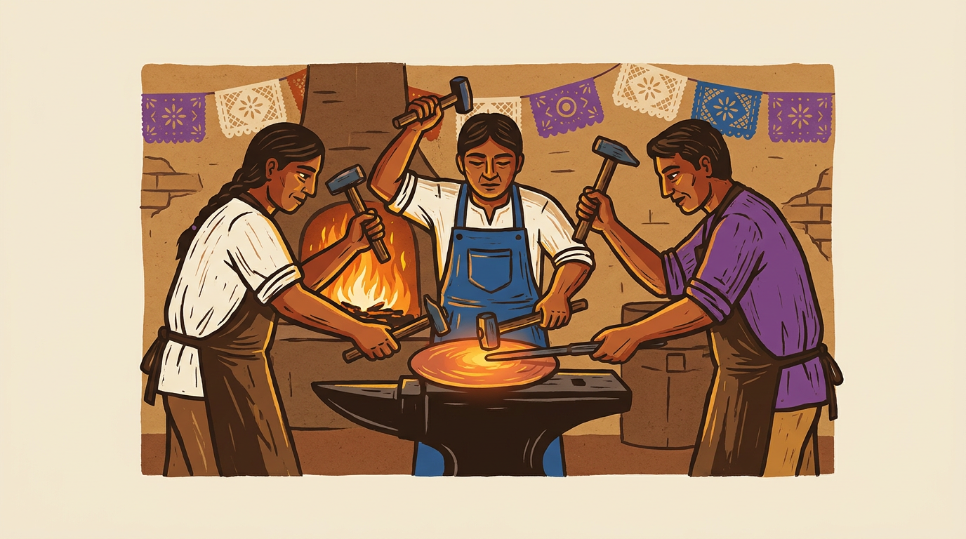 Taller tradicional de Santa Clara del Cobre con artesanos martillando una lámina al rojo vivo.