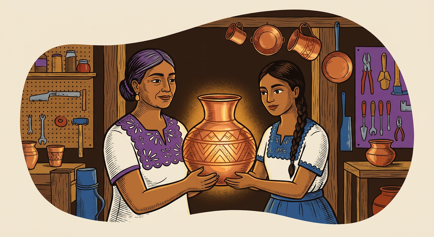 Maestra artesana revisando una vasija de cobre recién martillada junto a una aprendiz.