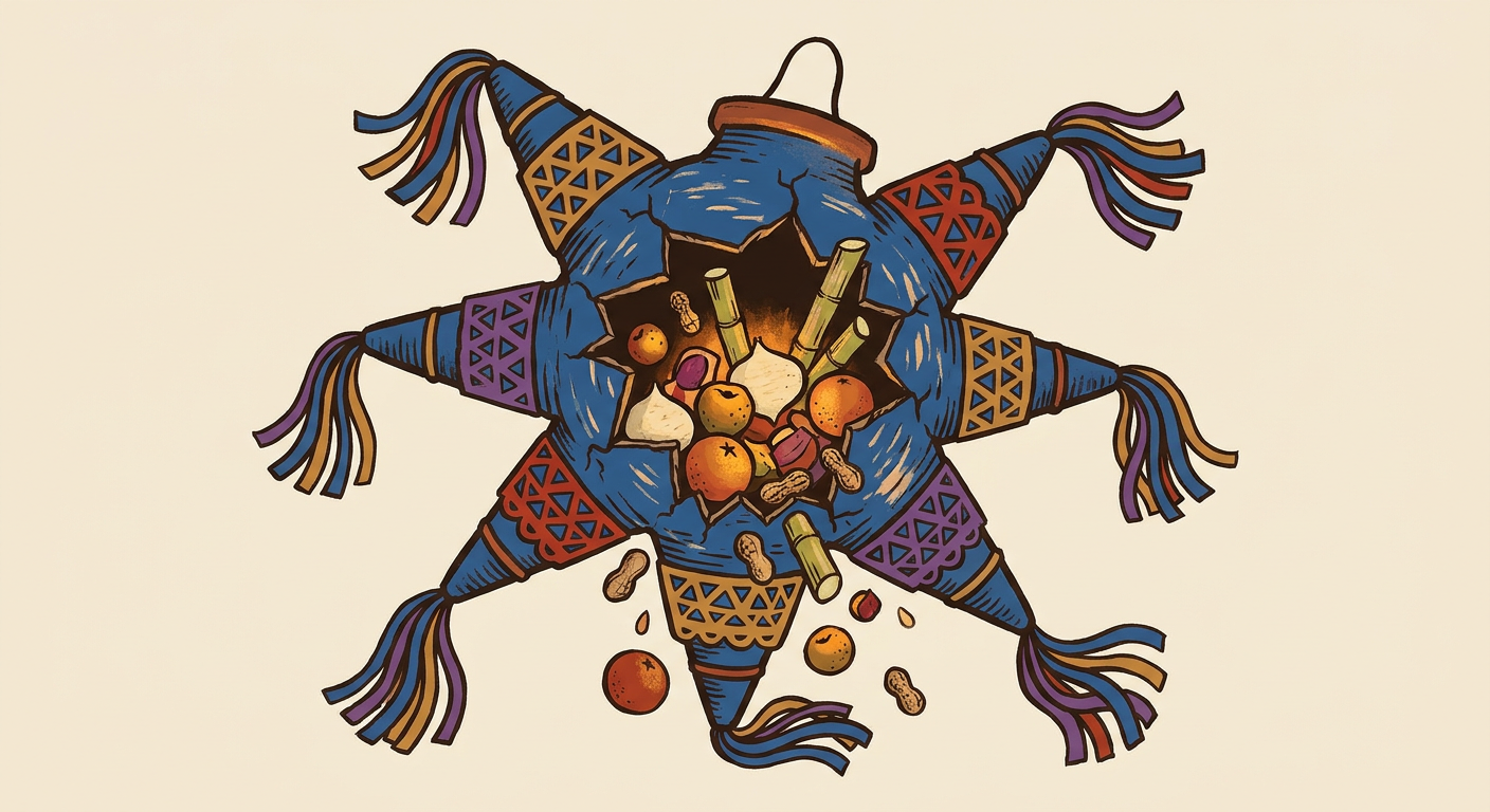 Piñata mexicana de siete picos abierta, con tejocotes, cañas, jícamas, cacahuates y colaciones derramándose.