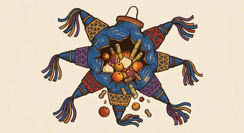 Piñata mexicana de siete picos abierta, con tejocotes, cañas, jícamas, cacahuates y colaciones derramándose.