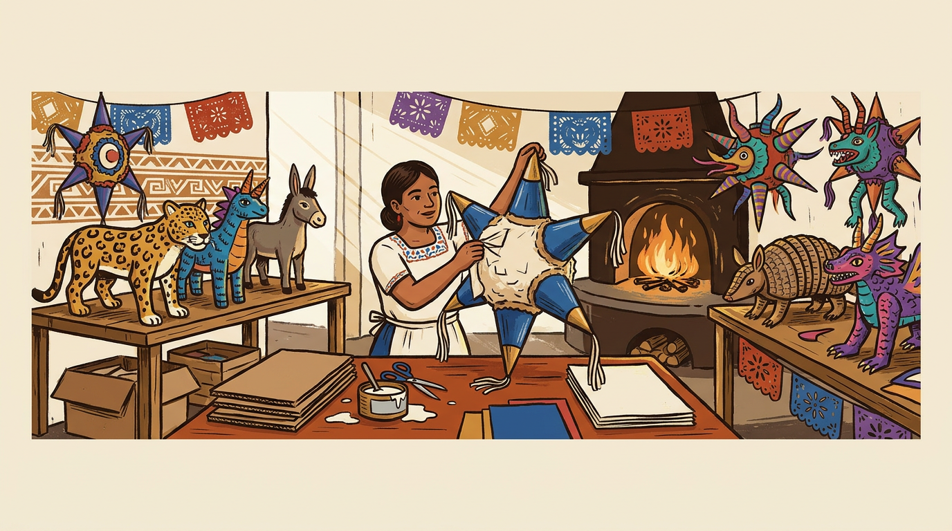 Artesana mexicana en su taller rodeada de piñatas de estrella, animales y personajes de cartón.