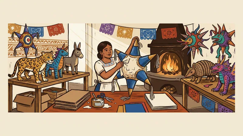Artesana mexicana en su taller rodeada de piñatas de estrella, animales y personajes de cartón.
