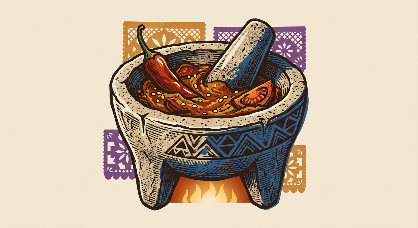 Un molcajete de piedra volcánica con chiles rojos, jitomate asado y una salsa recién molida.