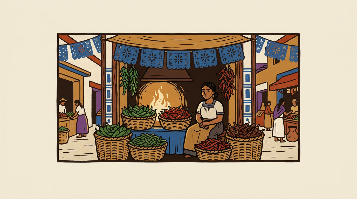 Un puesto de mercado mesoamericano con canastas de distintas formas y colores de chile.