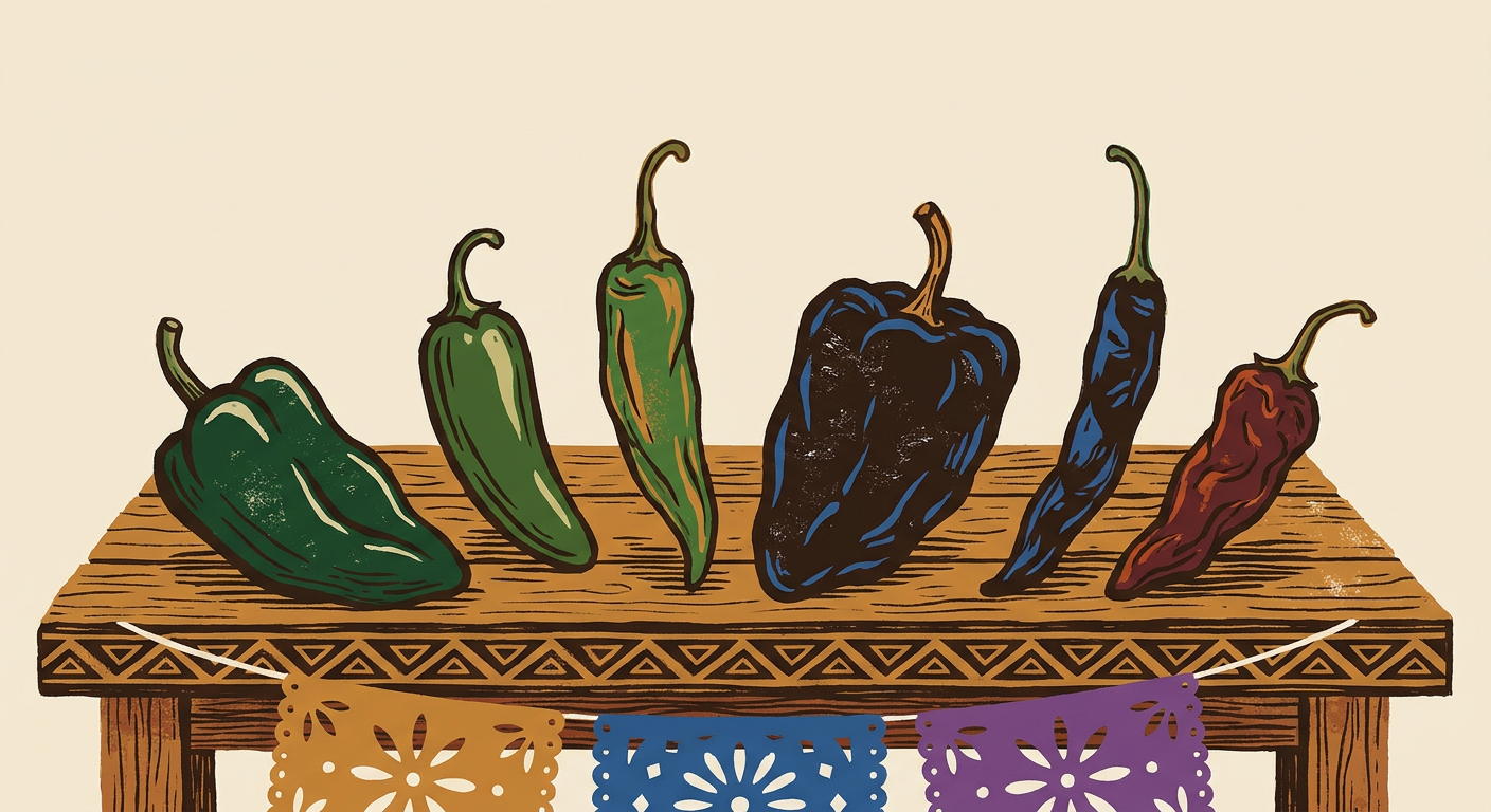 Diversos chiles mexicanos frescos y secos ordenados sobre una mesa, desde poblano hasta chipotle.