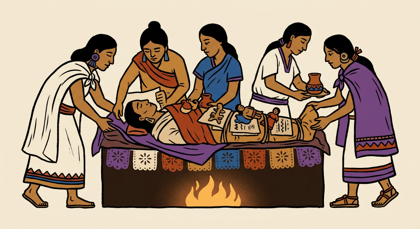Personas preparan un bulto mortuorio mexica acompañado de mantas, papeles y ofrendas para el viaje al Mictlan.