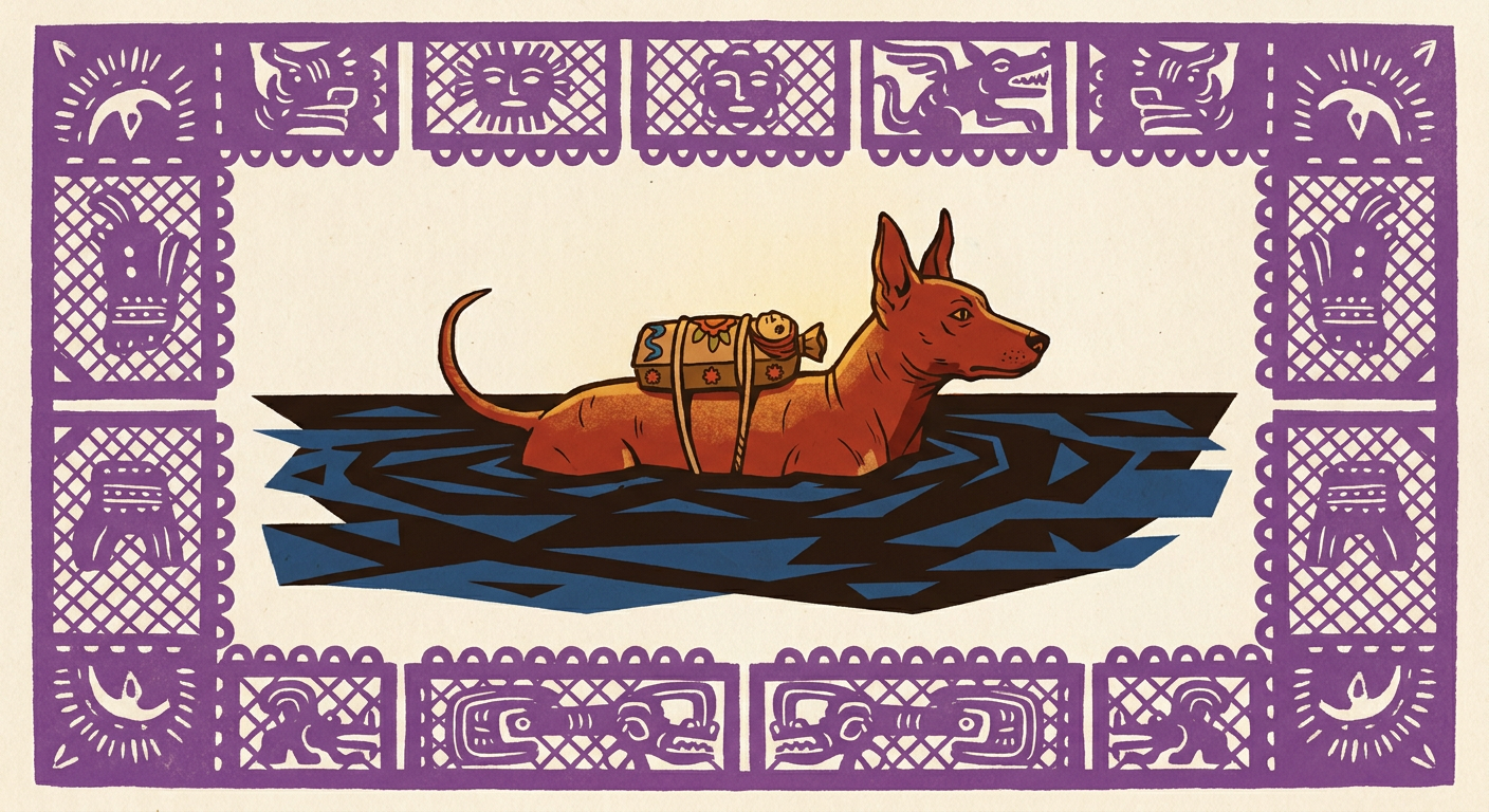 Un xoloitzcuintle rojizo ayuda a un difunto a cruzar el río que conduce al Mictlan.