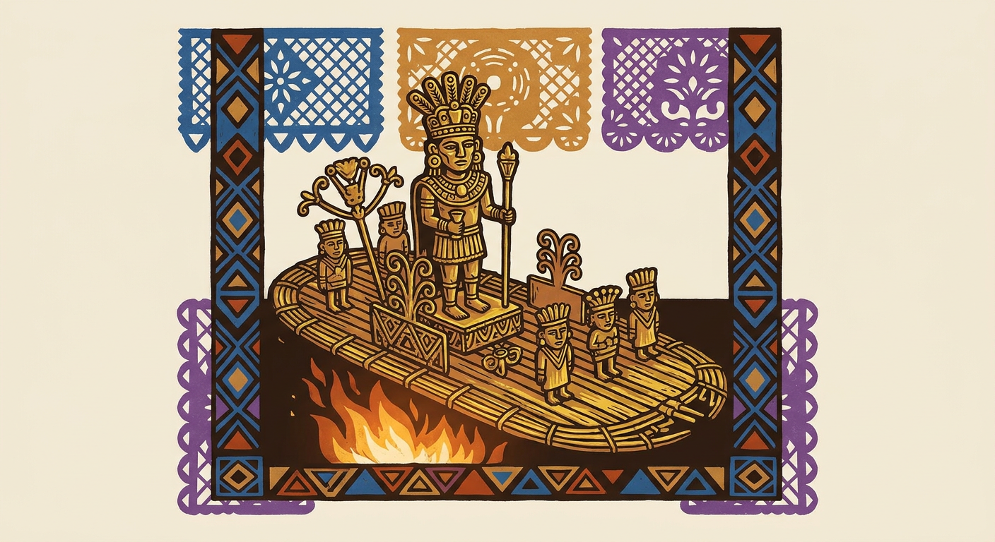 Representación de una balsa votiva muisca con un personaje central y acompañantes, elaborada en oro.