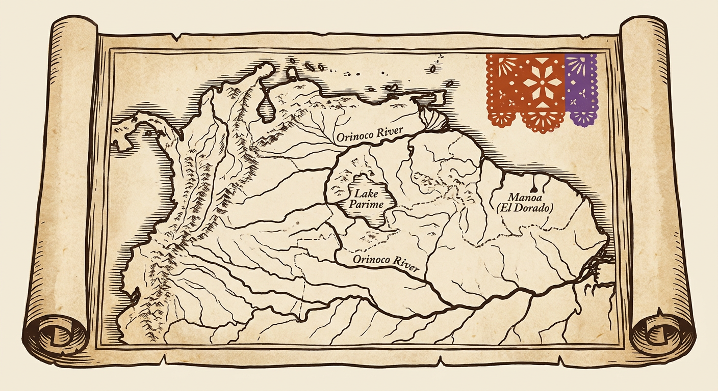 Mapa antiguo de Sudamérica con el imaginario lago Parime y la ciudad de Manoa señalados en el interior de Guayana.