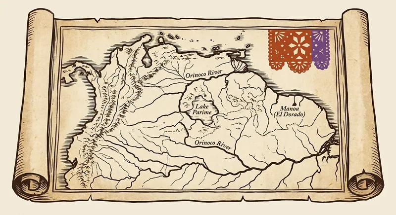 Mapa antiguo de Sudamérica con el imaginario lago Parime y la ciudad de Manoa señalados en el interior de Guayana.