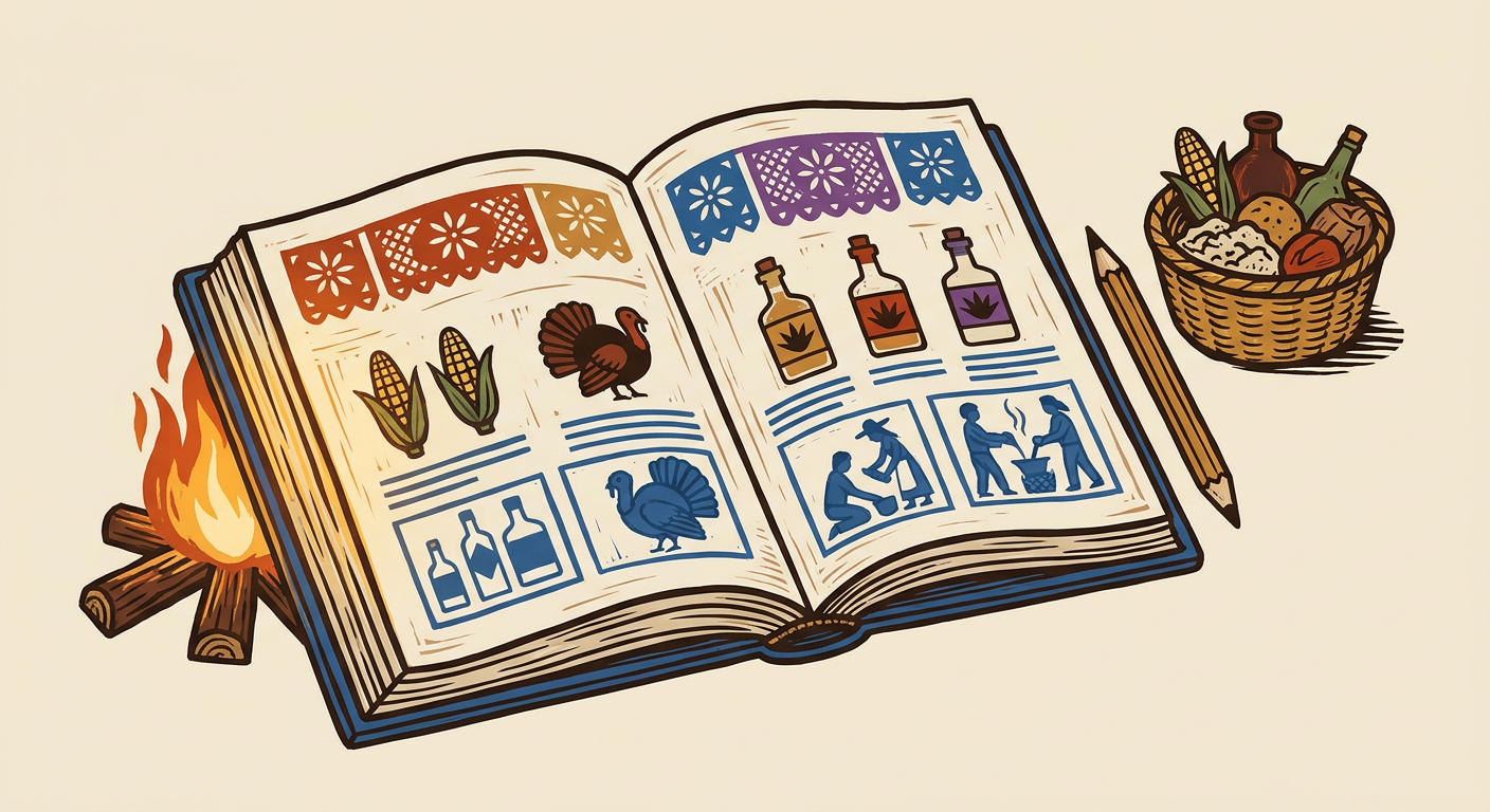 Libreta de aportaciones comunitarias junto a una canasta con productos para una celebración.