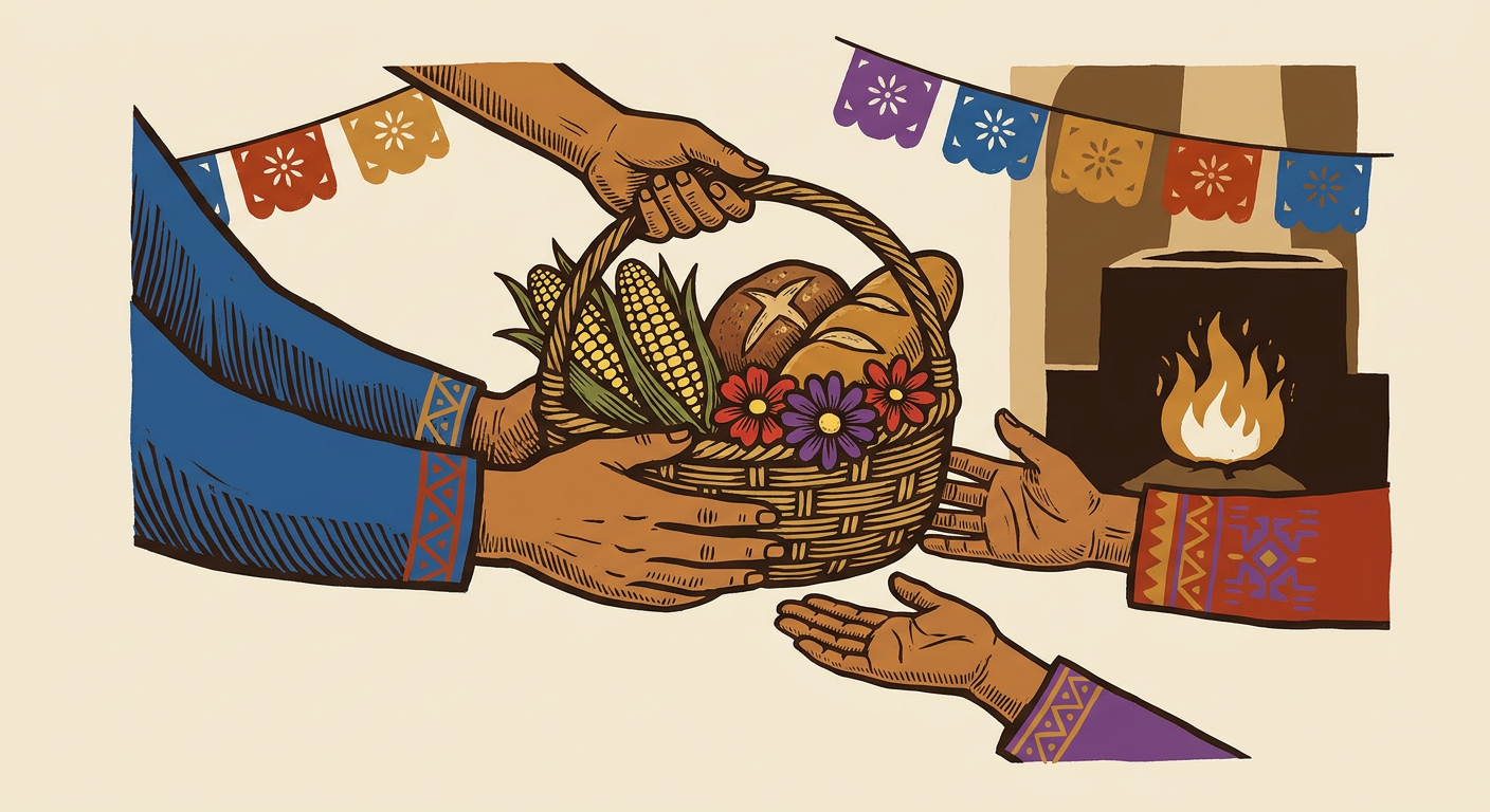 Varias manos entregan y reciben una canasta con maíz, pan y flores.