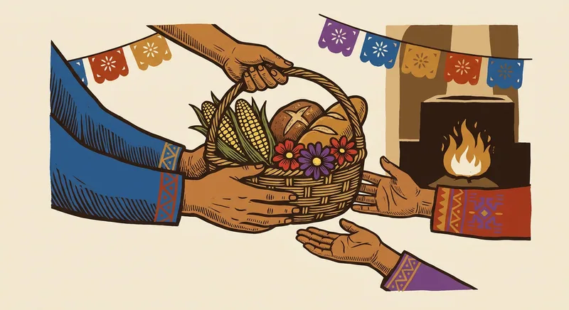 Several hands give and receive a basket with corn, bread and flowers.